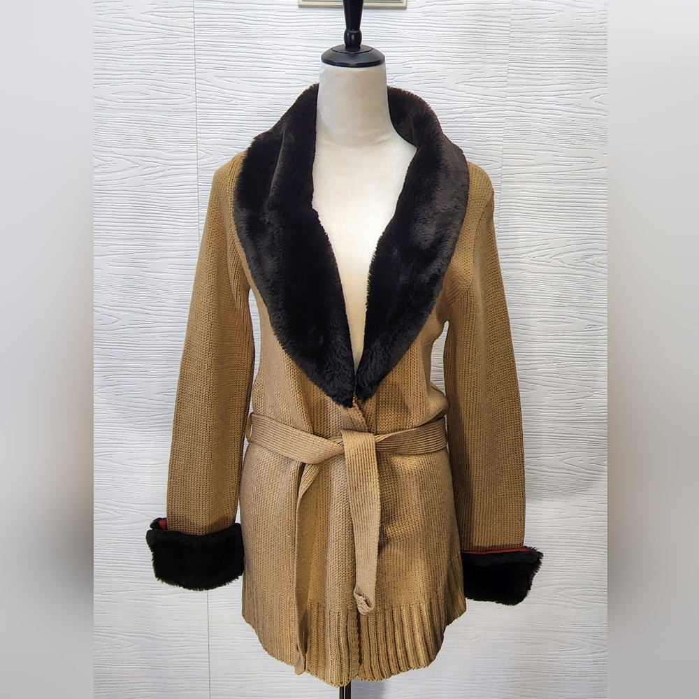 525 America open front belted cardigan sweater faux fur collar wrist sz M